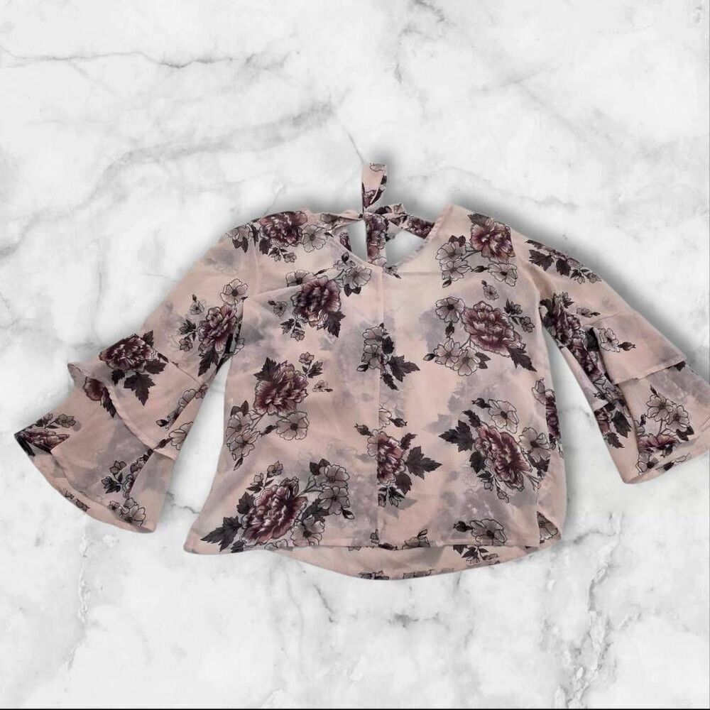 Floral Pink Long Flowy Sleeve Shirt Size Small